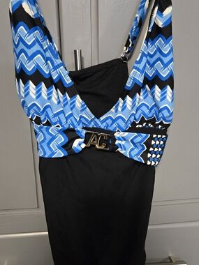 Anne Cole Blue Graphic and Black V-Neck One-Piece